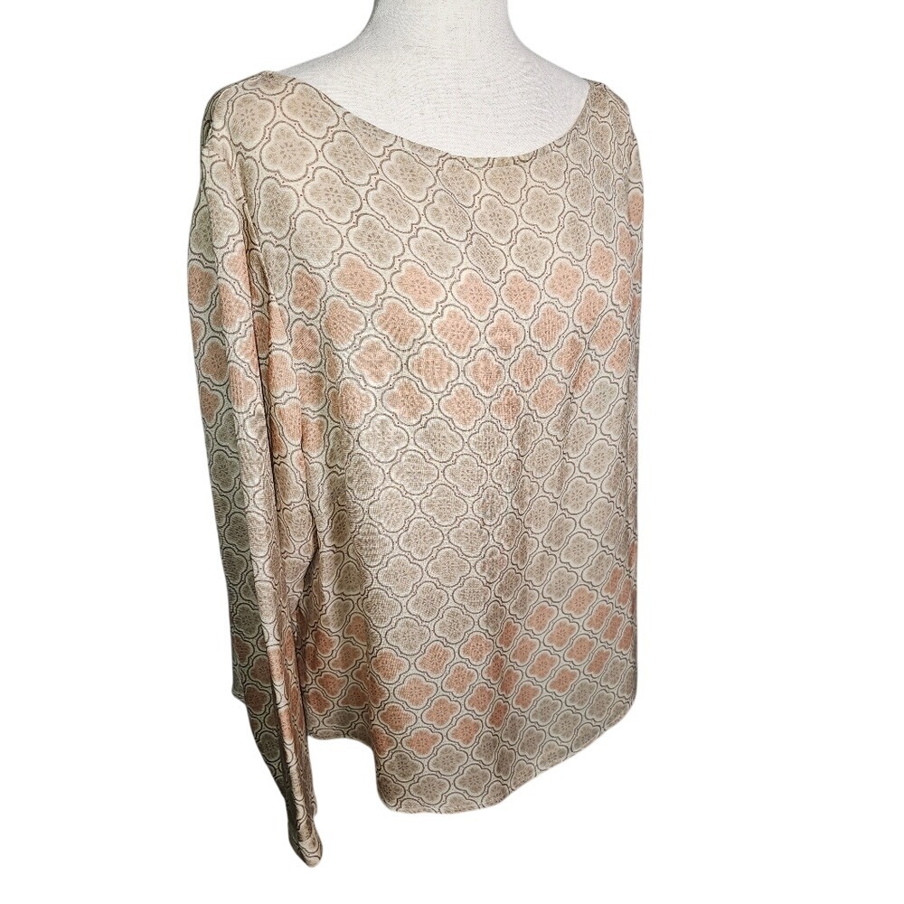 Vintage Finity Naturals 100% Silk Blouse with Cute Salmon and Cream Print.  2x